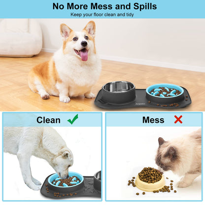 Anipaw Slow Feeder Dog Bowls 3 in 1 Stainless Steel Food and Water Bowls with Non-Spill and Skid Silicone Mat to Slow Down Eating for Large Medium Small Breed Size Dogs and Cats