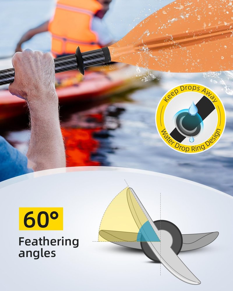 OCEANBROAD Adjustable Carbon Fiber Kayak Paddle 86in/220cm to 94in/240cm Kayaking Oar with Paddle Leash 1 Paddle, Orange