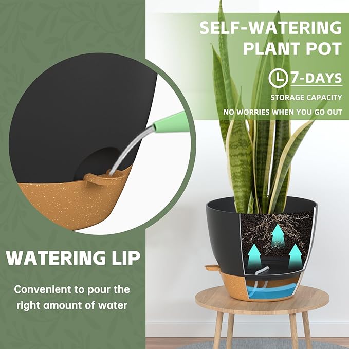 ZMTECH 9/10/12 Inch Plant Pots Sets, Selfwatering Planters with Drainage Holes Saucers for Indoor Outdoor Plants, Plastic Flower Pots for House Kitchen Window Garden(Black, 3 Pack)