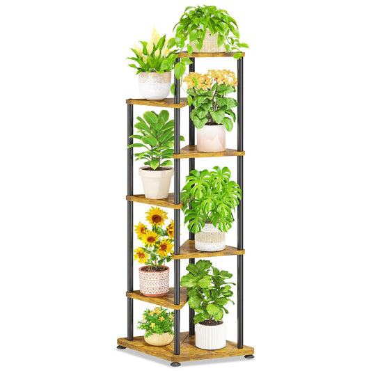 LASZOLA 6 Tier Tall Wood Plant Stand Indoor, Heavy Duty Corner Plant Rack for Large Planters, Multi Level Vertical Metal Flower Holder Display Shelf for Living Room Patio Balcony Garden, Rustic Brown