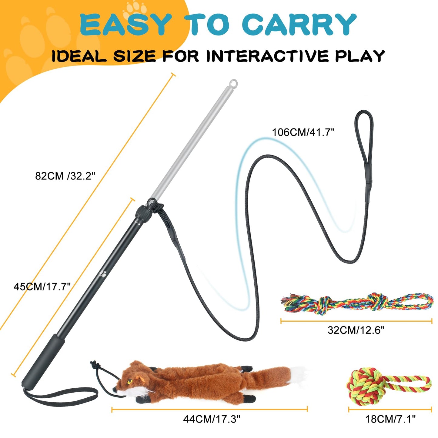 YILAKO Flirt Pole for Dogs - Heavy Duty Interactive Dog Rope Toy, Agility Training Fishing Pole for Large and Small Breeds, Durable Exercise Stick with Replaceable Tails (squeaky toys)