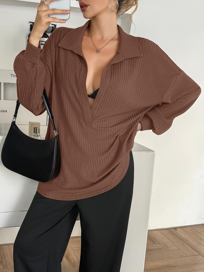 Fisoew Womens Oversized Deep V Neck Sweatshirts Casual Collared Long Sleeve Ribbed Knit Pullover Tops Brown