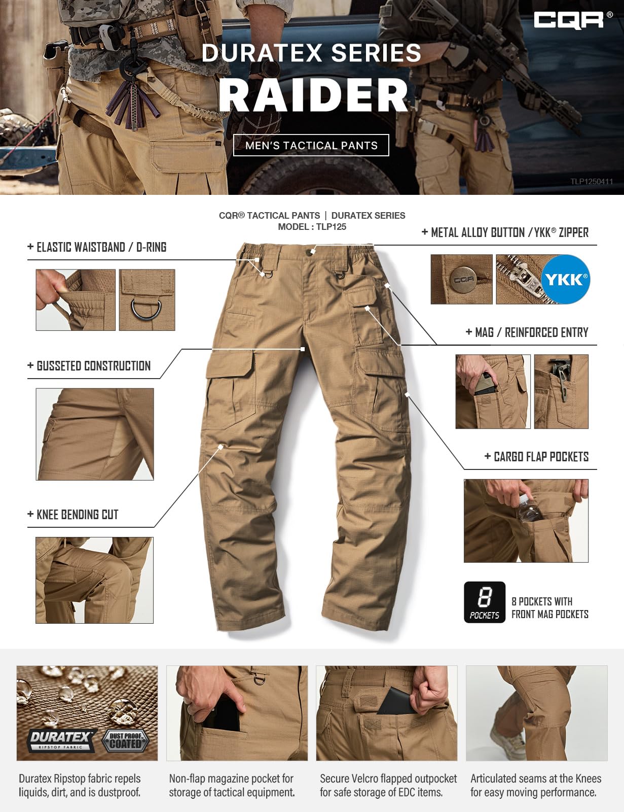CQR Men's Tactical Pants, Water Resistant Ripstop Cargo Pants, Lightweight EDC Work Hiking Pants, Outdoor Apparel, Raider Mag Cougar, 38W x 32L