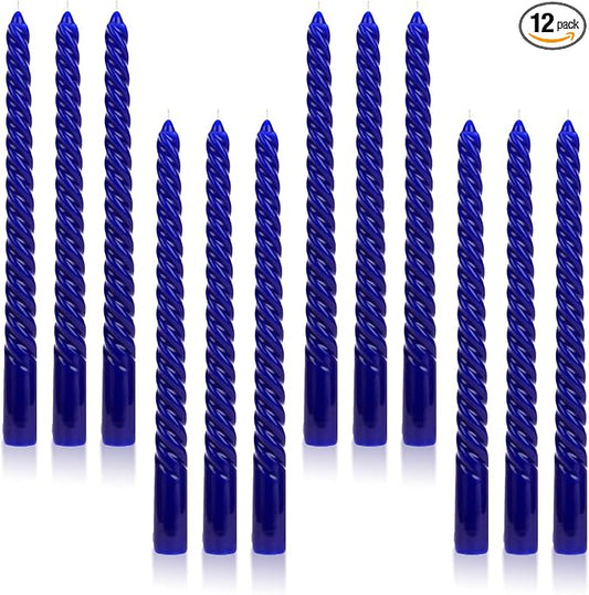 Tobeape Blue Twisted Taper Candles Set of 12, 10 Inch Tall Unscented Dripless, Smokeless Spiral Tapered Candlestick for Wedding Home Décor Dinner Hanukkah - 8 Hour Long Burning