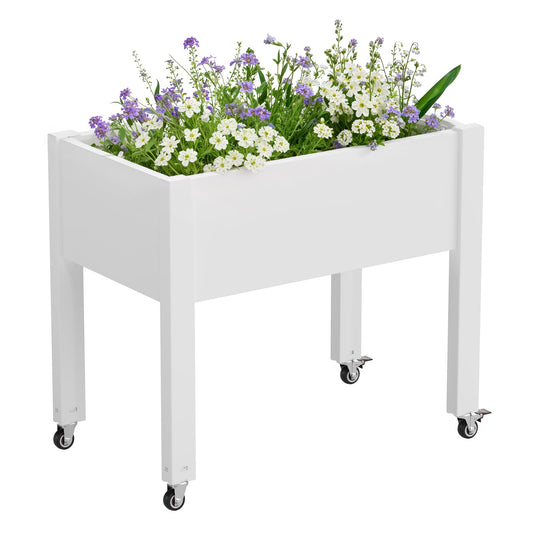 WTFGO Elevated Raised Garden Bed with Wheels - Outdoor Mobile Resin Planter Box with Drainage Holes for Vegetables Flower Herbs, Weather Resistant, White (26.3" h)