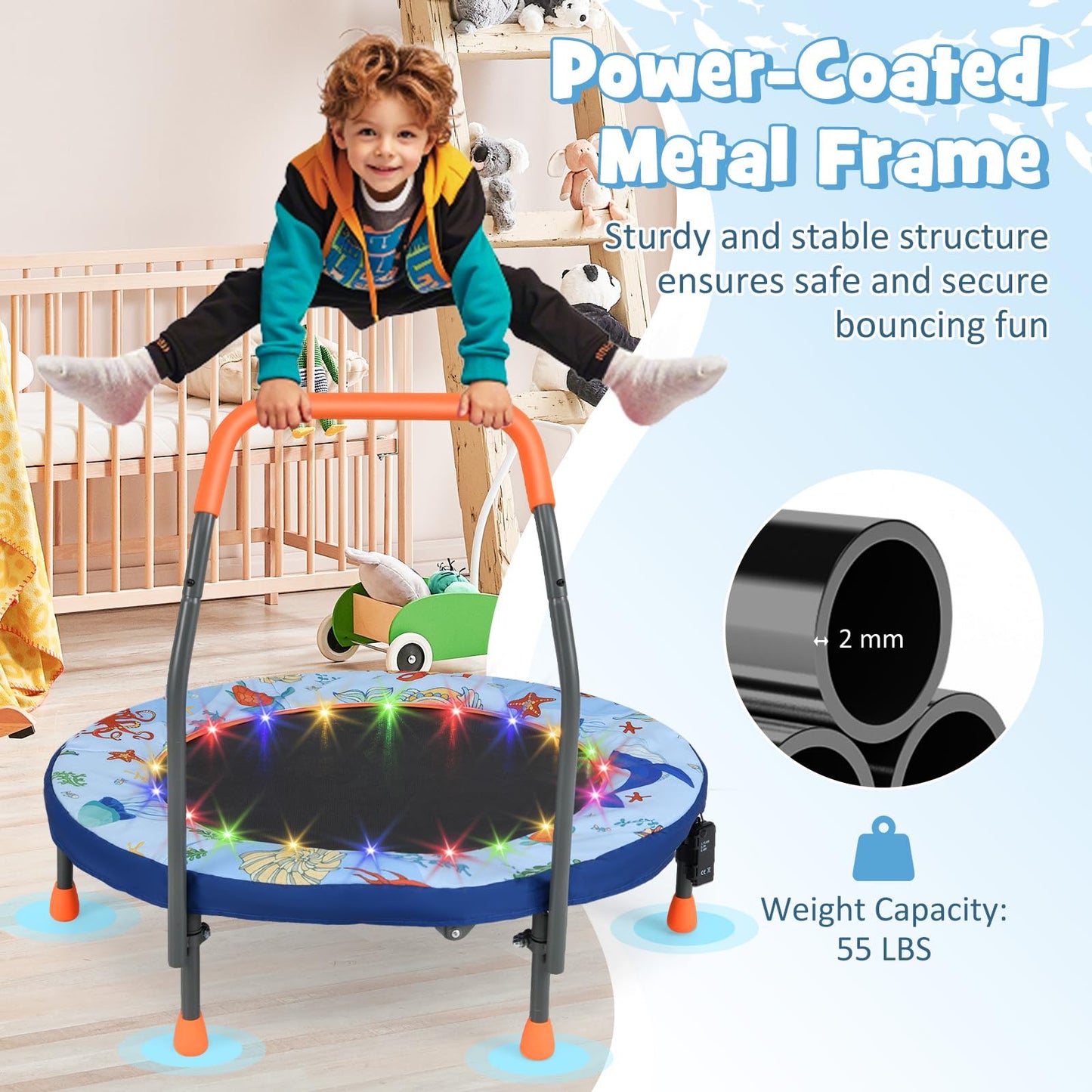 GYMAX 36” Toddler Trampoline with Lights, Folding Springless ASTM Approved Small Kids Rebounder with Foam Handle, Safety Padded Cover & Foldable Legs, Mini Indoor Baby Trampolines