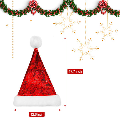 SATINIOR 2 Pcs Adult Sequin Santa Hat Unisex Christmas Hat Santa Claus Cap Xmas Cap with Lining and Plush Brim for Women Men(Red)