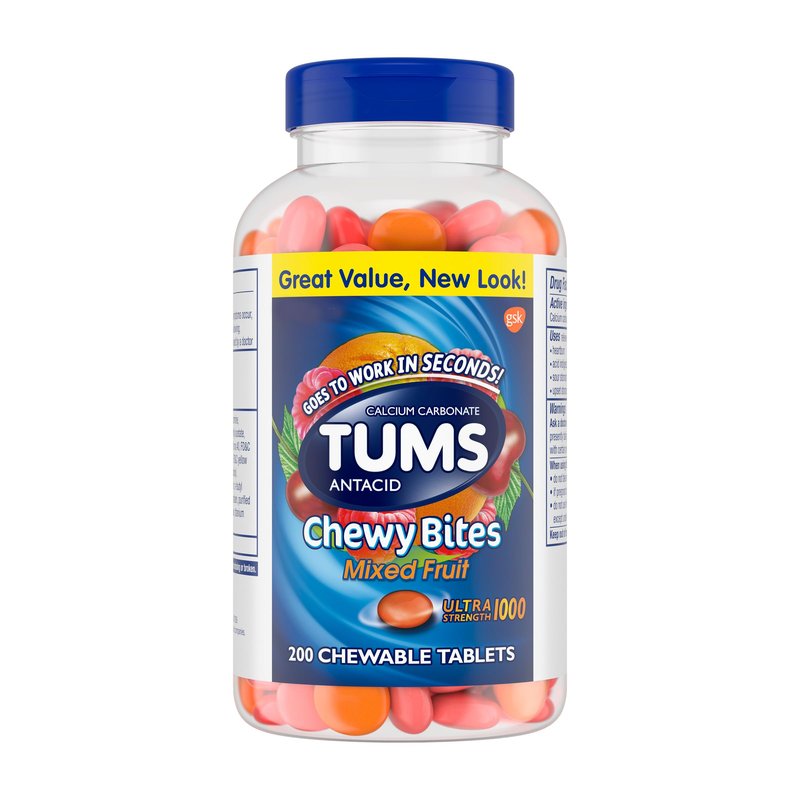 TUMS Chewy Bites Chewable Antacid Tablets for Ultra Strength Heartburn Relief, Mixed Fruit - 200 Count