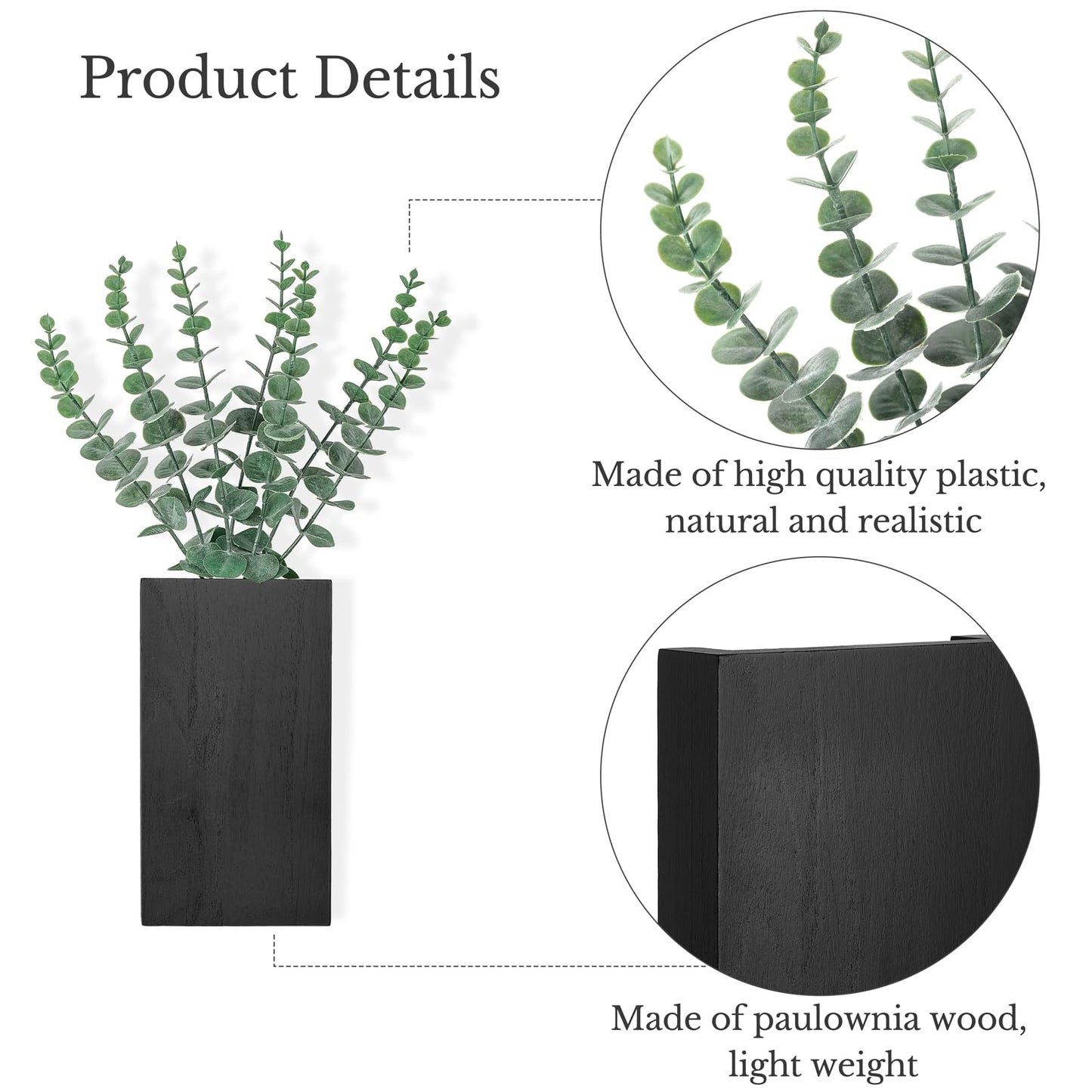 Dahey 2 Pack Wood Wall Planter Vase with Artificial Eucalyptus Farmhouse Wall Hanging Decor Pocket Planter for Indoor Fake Plants Greenery, Living Room Bedroom Kitchen Home Office Decoration, Black