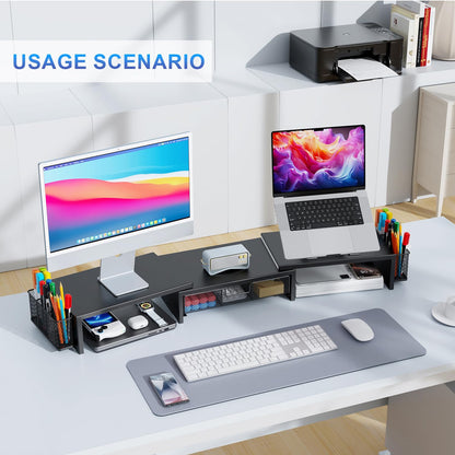 gianotter Dual Monitor Stand Riser, Desk Organizer With Drawer and 2 Pen Holders, Computer Monitor Stand, Desk Shelf for Top of Desk, Balck