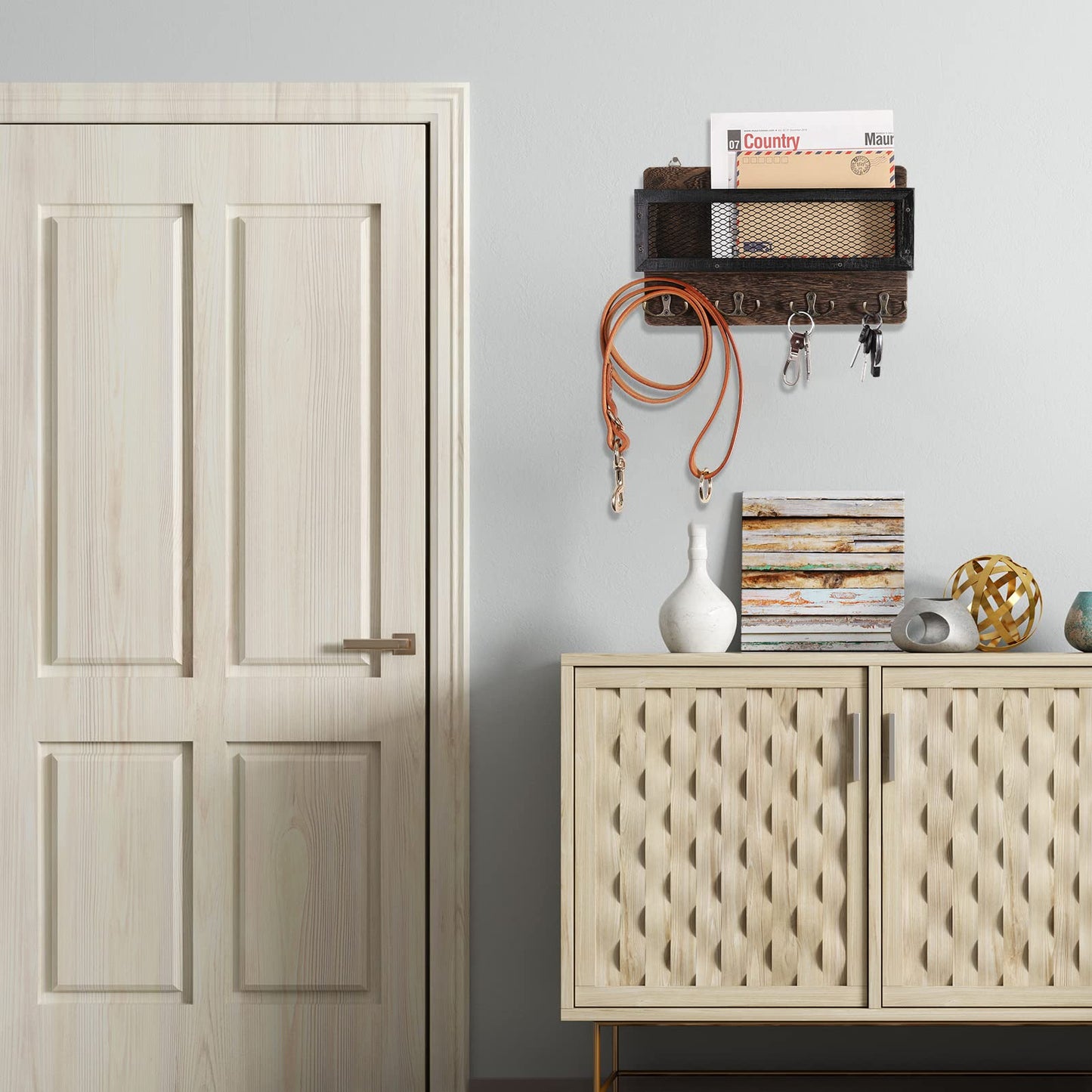 ADIIL Mail and Key Holder for Wall Decorative, Wooden Wall Mount Key Rack Hanger Organizer with 4 Double Key Hooks, Rustic Home Decor for Entryway Hallway, Brown