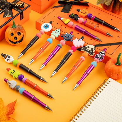 FFNIU Halloween Beadable Pens, Plastic Bead Pens with 12 Pcs Silicone Beads, Pumpkin Bat Skull Pens for Halloween Gifts School Office Supplies
