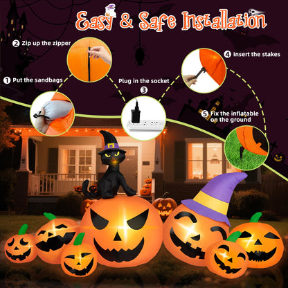 BRDJade 8FT Long Halloween Inflatables Pumpkin Outdoor Decorations, 7 Blow Up Pumpkins Inflatables with Witch Hat & Black Cat Built-in LED Lights for Halloween Party Yard Garden Lawn Decorations