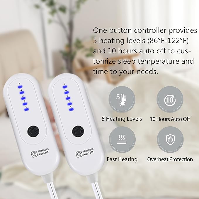 Electric Heating Blanket Queen Size, Cozy Flannel Sherpa Heated Electric Blanket with 5 Heating Levels & 10 Hours Auto Off, Fast Heating, Machine Washable Heated Blanket, 84" x 90", White