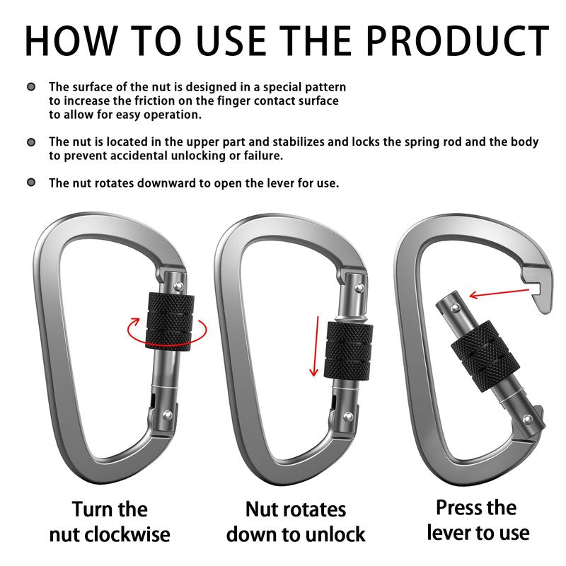 XIECHANEE Premium Aluminum D Ring 4" Locking Carabiner Clips with Screw Gate, Set of 4, Lightweight & Durable for Hiking, Camping, Hammock, Dog Leash Harness, Keychains