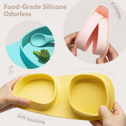yahaa Toddler Plates Travel Essential on the go,Baby Plates with Forks and Spoons Self Feeding 6 months,Foldable,Silicone,BPA Free,Lemon