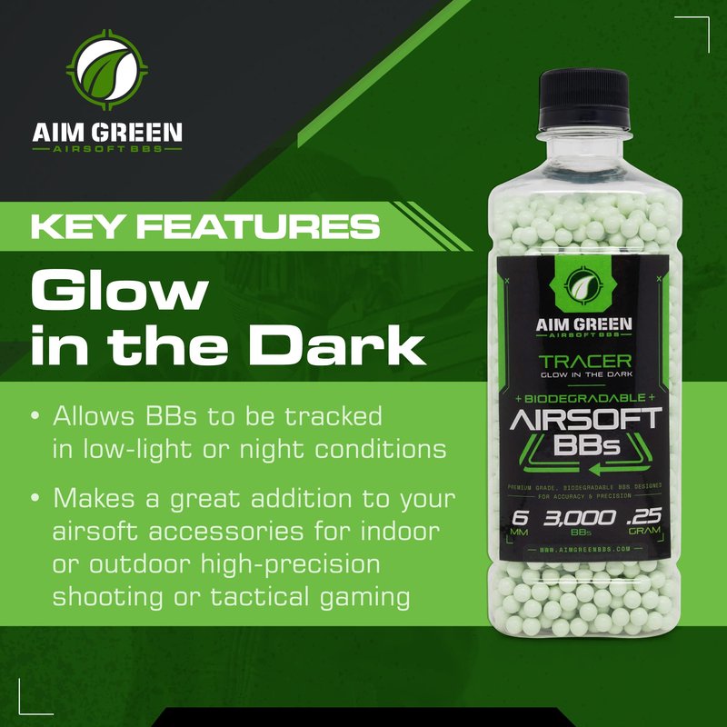 Aim Green Tracer Biodegradable Airsoft BBS, Glow-in-The-Dark BBS, 3,000 Count, .25 Grams