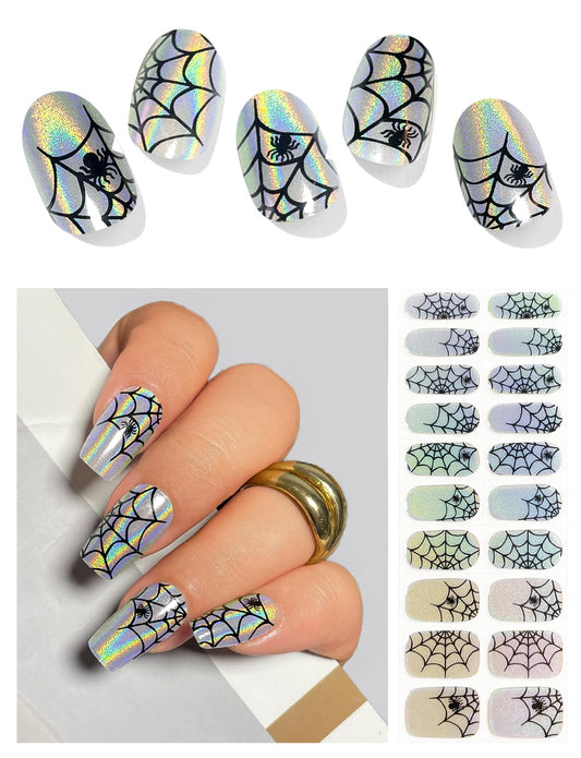 AutyaMee Semi Cured Gel Nail Strips (Laser Spider Web), Halloween, 20 Pcs Gel Nail Wraps, Stickers, UV Light Required, Salon Quality, Long Lasting