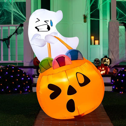 Joiedomi 5 FT Tall Halloween Inflatables Outdoor Decorations, Inflatable Cute Ghost Halloween Decor Outdoor, Blow Up Ghost Lift Pumpkin Candy Bag with Build-in LEDs for Yard Decorations
