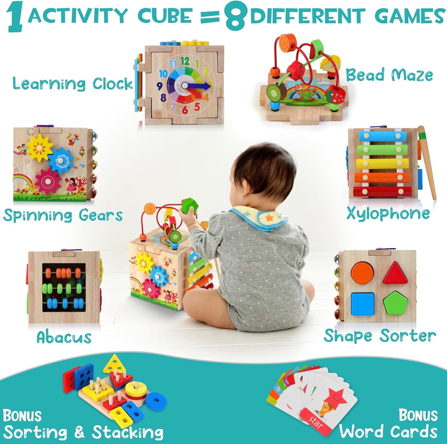 HELLOWOOD Wooden Activity Cube Baby Toys, 8-in-1 Montessori Educational Toy Set, Bead Maze Shape Sorter Abacus Xylophone Words & Clock Learning, STEM Toys for Boys Girls Toys for 1 2 3 years old