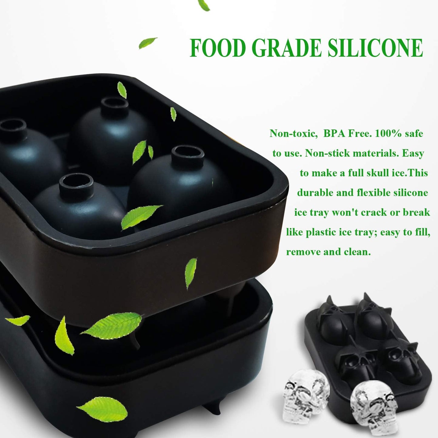 Skull Ice Cube Maker Tray 3D Silicone Ice Skull Maker for Christmas Halloween Whiskey Cocktails Juice (Black)
