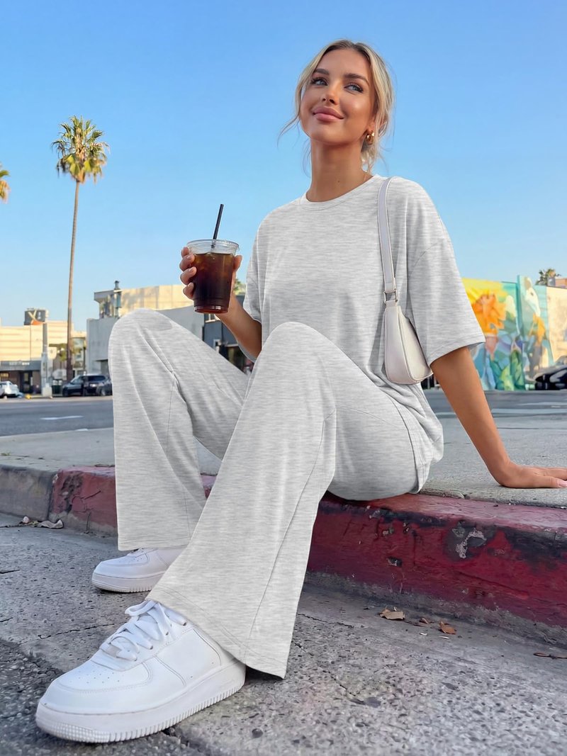 Trendy Queen Women 2 Piece Matching Summer Lounge Sets Clothing Spring Loose Fit Short Sleeve Shirts & Pants Loungewear 2026 Travel Airport Outfit Cruise Resort Beach Vacation Clothes