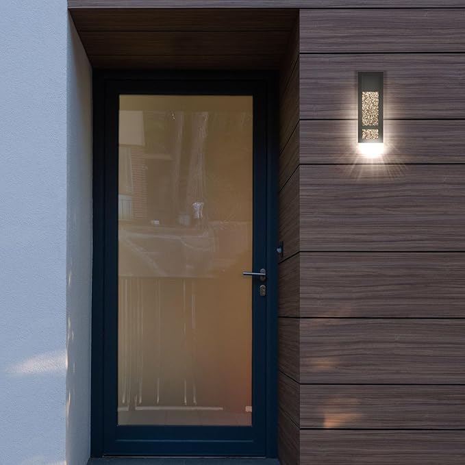 LUXRITE Modern LED Outdoor Wall Light, Seeded Bubble Glass Wall Sconce, 3CCT 3000K 4000K 5000K, 14 Inch, 12W, Black Aluminum, IP65 Waterproof, ETL, Exterior Porch Light, Front Door, Patio (2 Pack)