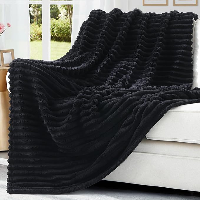 decorUhome Soft Fleece Black Blanket King Size for Bed, Cozy Fluffy Plush Flannel Large Striped Throws for Couch Sofa, Lightweight Decorative Fuzzy Blanket for Woman, 108x90 Inches