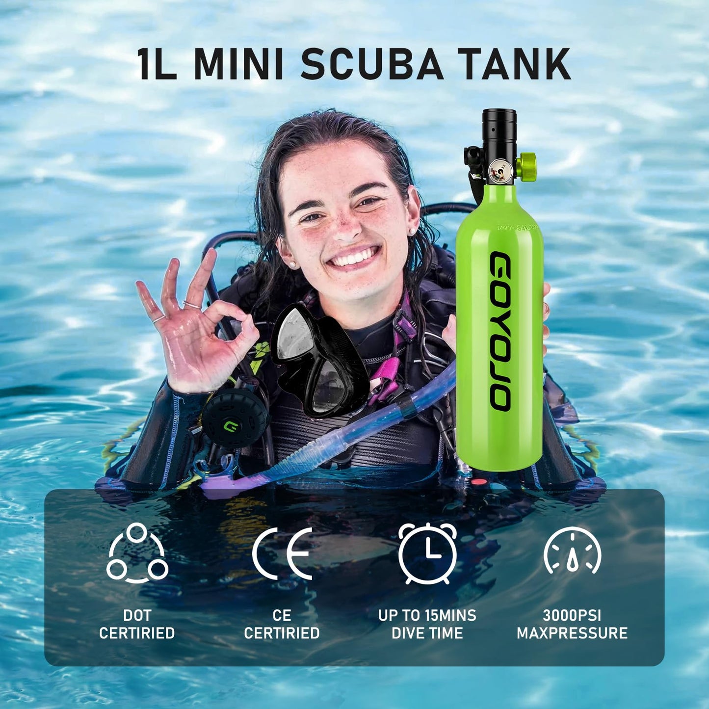 GOYOJO 1L Mini Scuba Tank with Mask – DOT Certified Portable Diving Air Tank, 3000 PSI Max Pressure, Pony Bottle Underwater Breathing Device for Snorkeling & Scuba Diving (Green)
