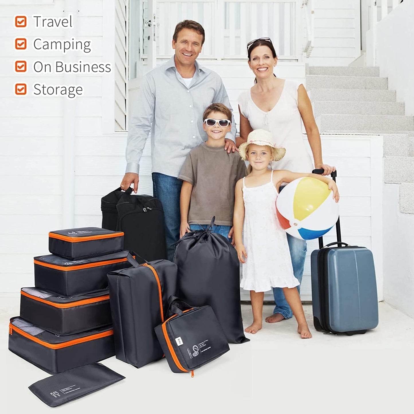 DIMJ Packing Cubes 8 Sets Travel Luggage Organizers for Suitcases Packing Organiser with Label Shoe Storage Bags Laundry Bag, Black