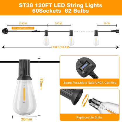 GLUROO 120FT Festoon Lights Outdoor, Garden Patio String Lights Mains Powered, 2200K Warm White, ST38 Waterproof LED String Lights with 62 Plastic Vintage Bulbs for Backyard Party Wedding