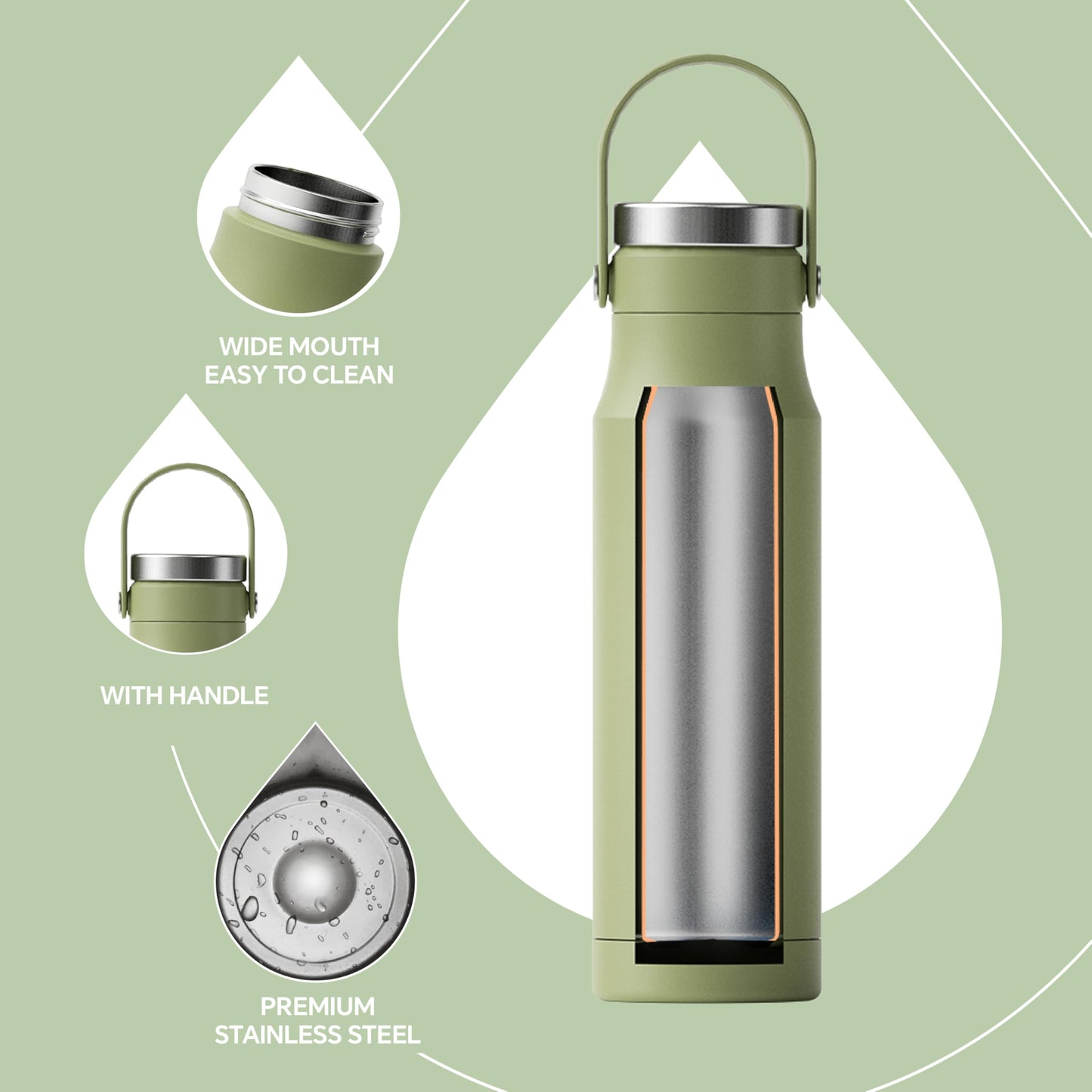 IDEUS Insulated Stainless Steel Water Bottle 17 oz Push Button Lid & Leakproof Travel Mug for Hot/Cold Beverages Fits Most Cup Holder (Grass Green)