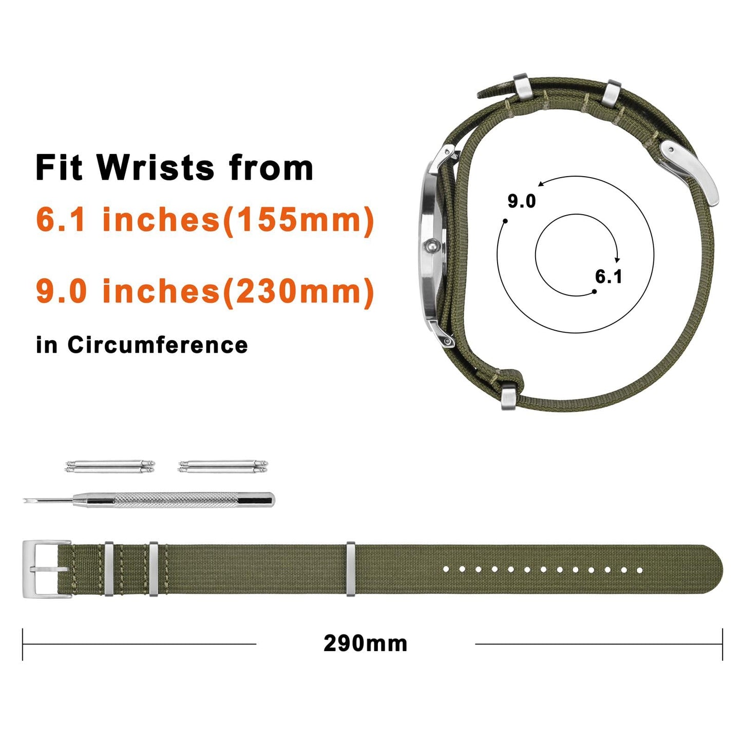 ANNEFIT Nylon Watch Strap 18mm, One-Piece Waterproof Military Watch Band with Heavy Silver Buckle (Army Green)
