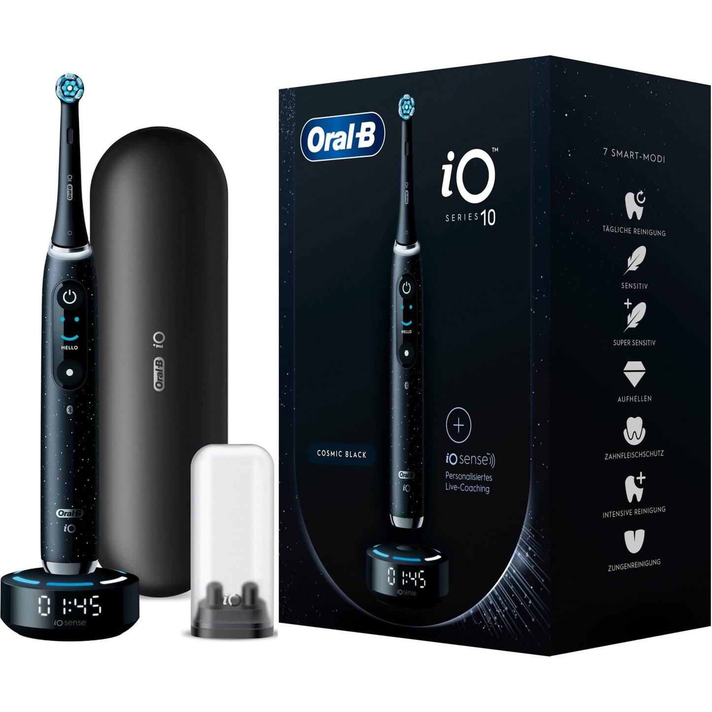 Oral-B iO Series 10 Electric Toothbrush, 7 Cleaning Modes for Dental Care, iOSense, Colour Display, Charging Travel Case, Designed by Braun, Cosmic Black