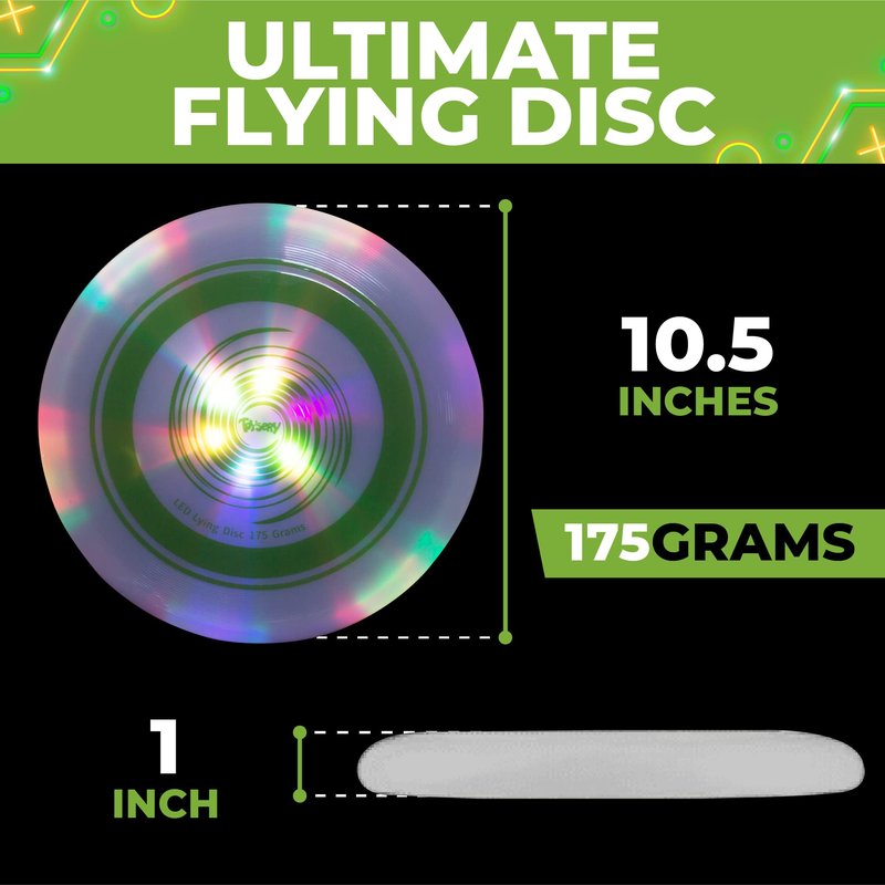Toysery Light Up Flying Disc - LED Frisbee, Glow in the Dark, Easy to Use, Ideal Camping Game, Fun Outdoor/Indoor Birthday Toys for Boys/Girls/Kids/Adults, 175g
