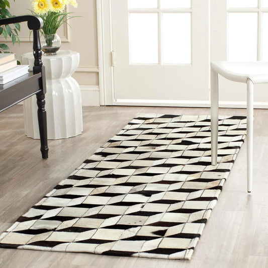 VELMONT STUDIO 3D Geometric Cowhide Area Rug – Handcrafted Black White Grey Patchwork Carpet – Modern Optical Illusion Cube Design for Living Room, Bedroom, Office – Natural Leather Feel