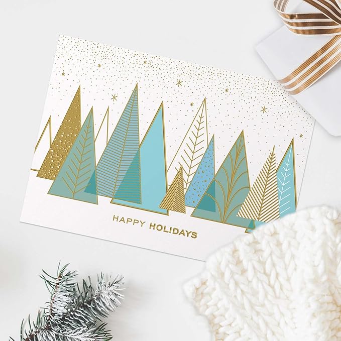 Masterpiece Contemporary Trees Gold Foil Holiday Cards / 15 Boxed Modern Christmas Cards With Shiny Foil Lined Envelopes / 5 5/8" x 7 7/8" Folded Winter Greeting Cards With Inside Verse
