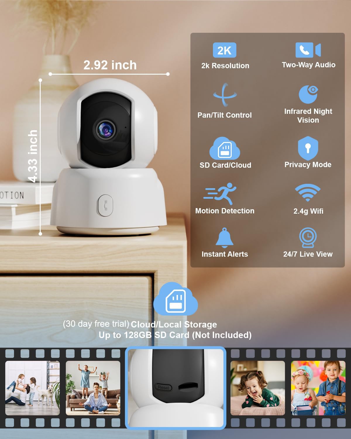 GOLSPARK Indoor Security Camera 2K, Pet Camera for Home Security, Dog Cam Pan/Tilt, Motion Tracking, 2-Way Audio, Night Vision Baby Monitor, Siren Alert, 24/7 Cloud &SD Card Storage, 2.4GHz