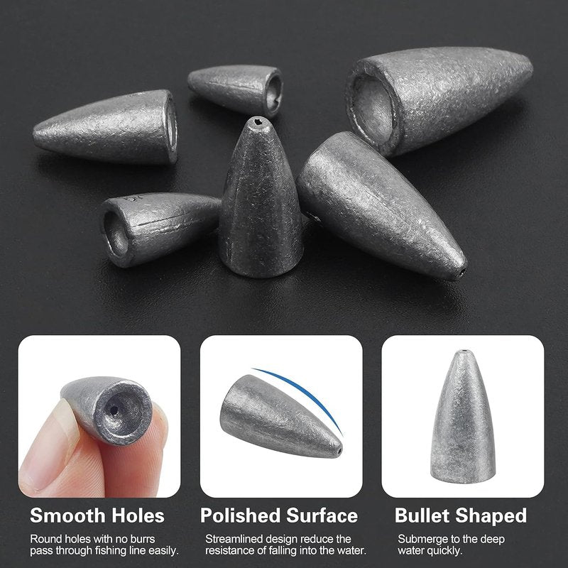 Fishing Weights Bullet Sinkers Shot Casting Bullet Worm Weights for Bass Fishing Carolina Rig Texas Rig Freshwater Saltwater, 30pcs 1/8oz