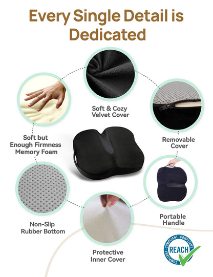 Travel Ease Ergonomic Seat Cushion, Premium Memory Foam Chair Pad with Anti-Slip Base for Long Hours Sitting Comfort, Hip Support Pillow for Office Chair, Car Seat, Gaming Chair (Black)