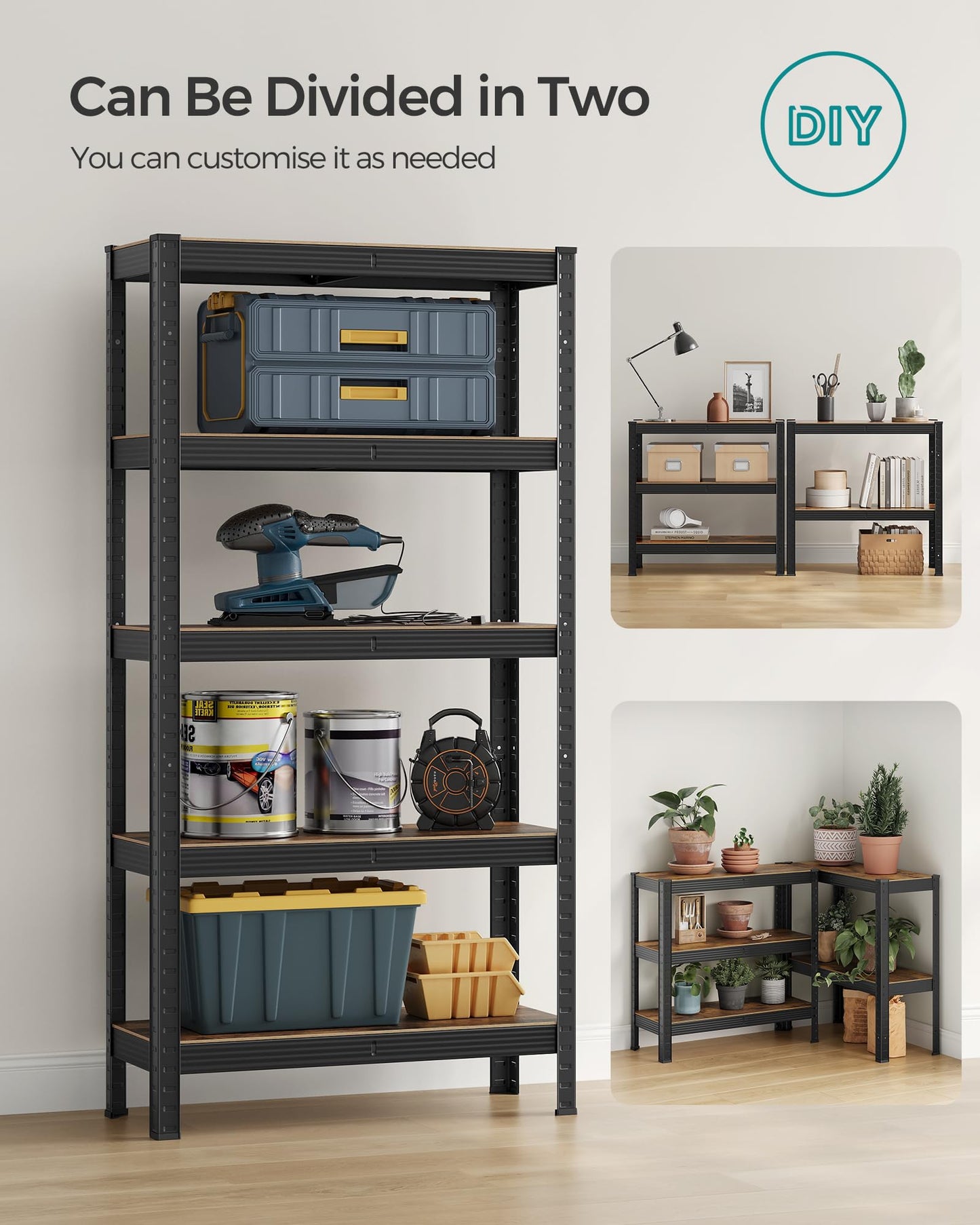 SONGMICS Shelving Unit, 30 x 75 x 150 cm, 650 kg Load Capacity (130 kg per Shelf), Industrial, Adjustable Storage Shelves, for Living Room, Kitchen, Garage, Rustic Brown and Black GLR030B01