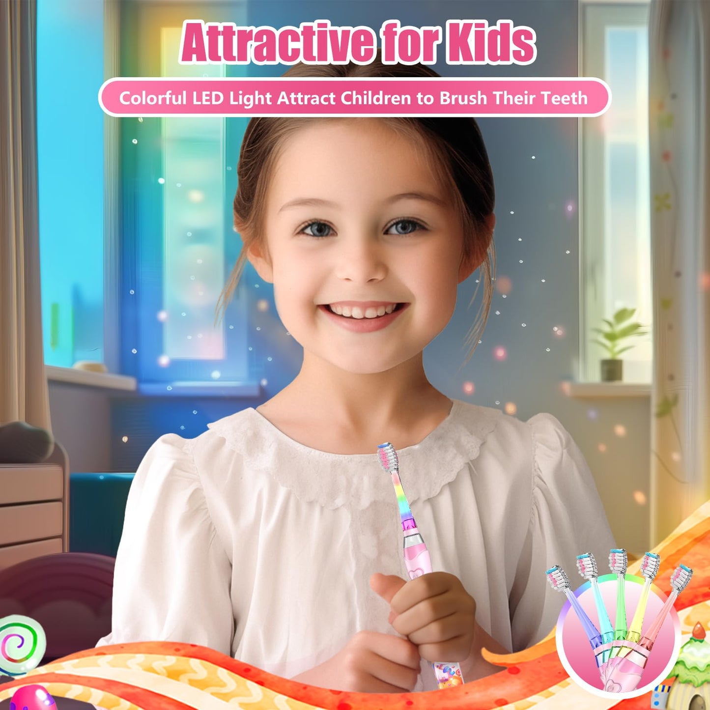 Kids Electric Toothbrush 3-5-6-12, Toddler Toothbrush Girls Electric Toothbrush with Timer Rainbow LED Light Up Sonic Battery Powered Junior Childrens Electric Toothbrush (Unicorn Pink)