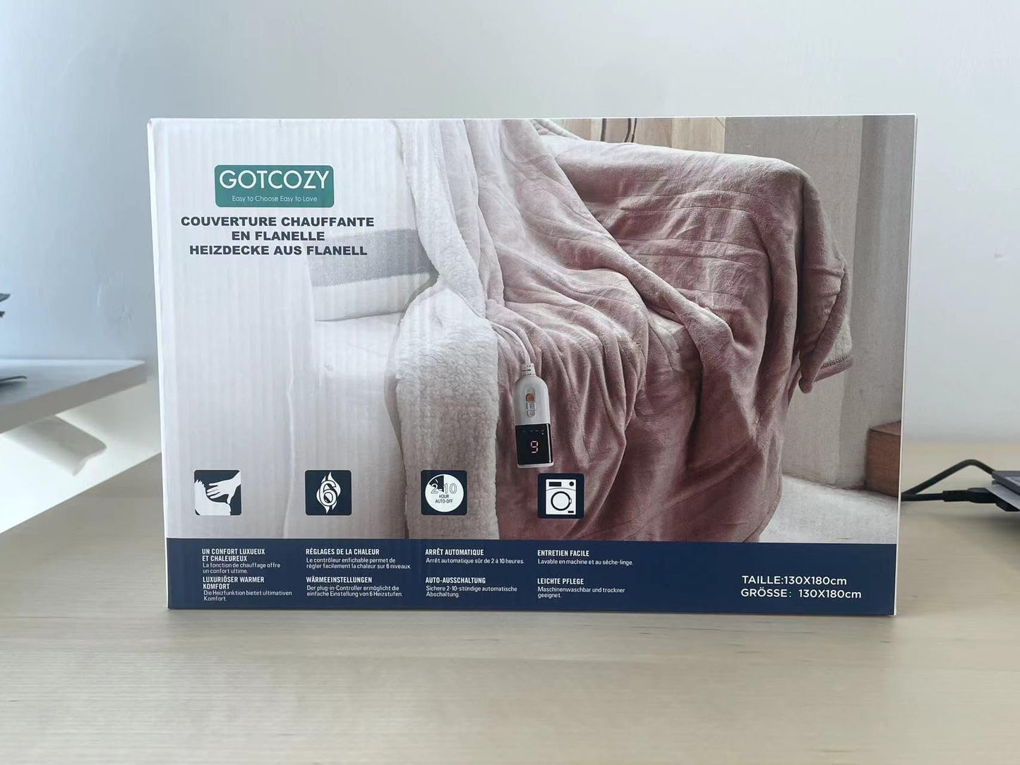 GOTCOZY Electric Blanket 130 x 180 cm Soft Silky Plush Heat Blanket Electric Blanket 6 Heat Settings and 10 Hours Auto-Off Timer Overheating Protection CE Certified Cuddly Blanket for Bed and Office