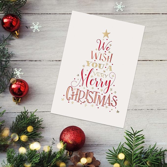 Masterpiece We Wish You A Very Merry Christmas Cards / 16 Boxed Winter Holiday Card Set With Gold Foil Accents And Coordinating Gold Foil Lined White Envelopes / 5 5/8" x 7 7/8" Folded Stars Evergreen Tree Greeting Cards With Inside Verse