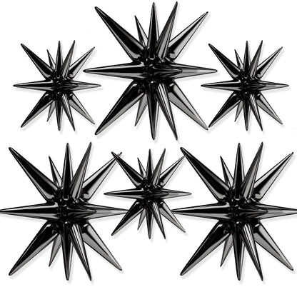 PartyWoo Black Star Foil Balloons 6pcs Different Sizes Pack of 27 22 Inch Large Black Starburst Spike Mylar Balloons for Graduation Birthday Retirement Anniversary Space Theme Party Decorations