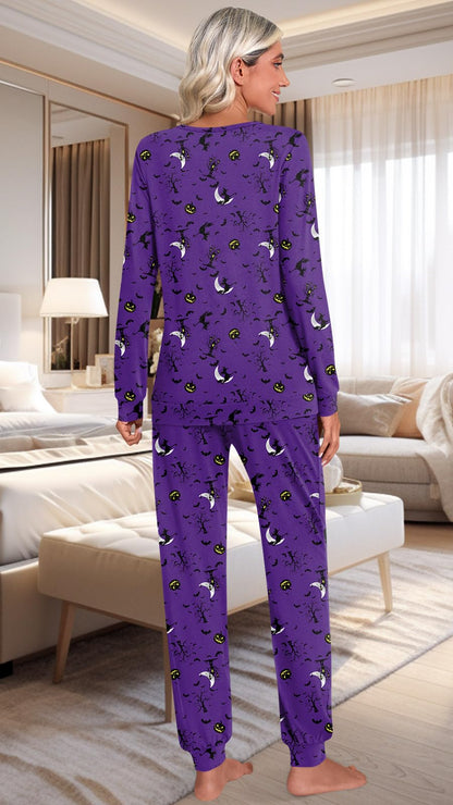 HOTGIFT Womens Pajamas Sets, 2 Piece Lounge Pjs Set Long Sleeve Long Pant Ladies Sleepwear with Pockets Halloween Purple Medium