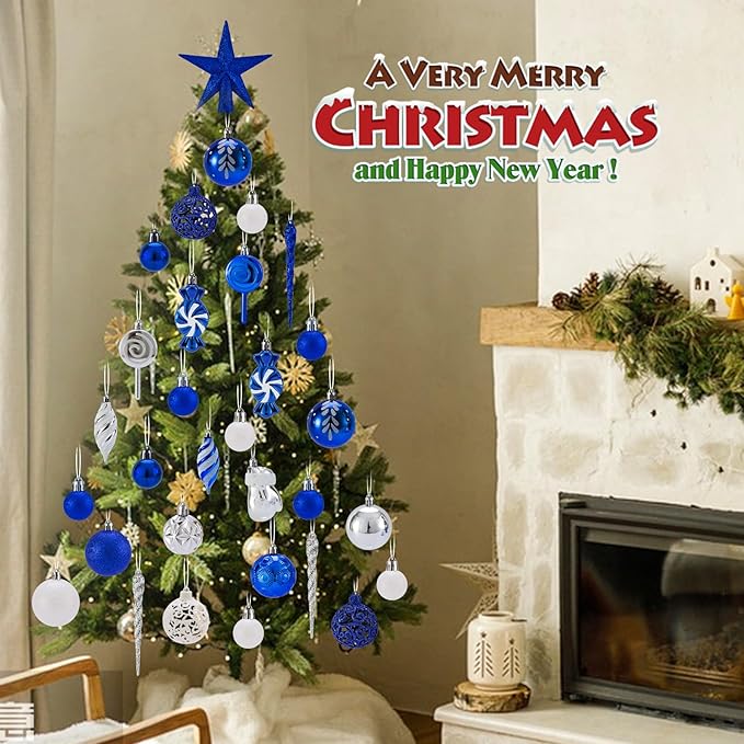 Shatterproof Christmas Ball Ornaments Set, 130 Pack Christmas Tree Decorations, Assorted Hanging Christmas Balls Bulk for Holiday Indoor Outdoor Xmas Party Decor (130 Blue)