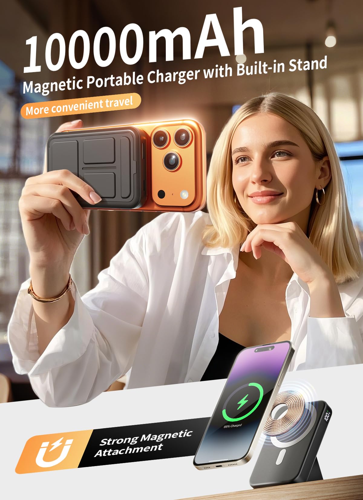 Magnetic Portable Charger, 10000mAh Wireless Power Bank with 20W USB-C Fast Charging, Foldable Stand & LED Display Magnetic Battery Pack, Compatible with iPhone 16/15/14/ All Series