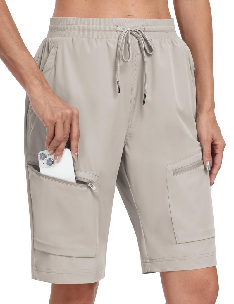 MoFiz Long Shorts for Women Knee Length Quick Dry Half Shorts Women Stretch Womens Long Hiking Shorts Knee Length with Pockets Light Khaki X-Large