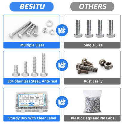 Besitu 252Pcs Hex Bolts and Nuts Assortment Kit, 1/4-20, 5/16-18, 3/8-16 Assorted Bolts Nuts and Washers Kit, 304 Stainless Steel Machine Screw Sets with Case